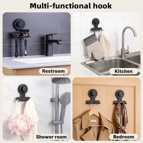 Razor Holder for Shower, Stainless Steel No-Drill Shaver Hook | Heavy-duty damage-free on tiles/glass; Holds razor/shaver, towel & loofah; Reusable, rust-resistant; 2Pcs Matte Black