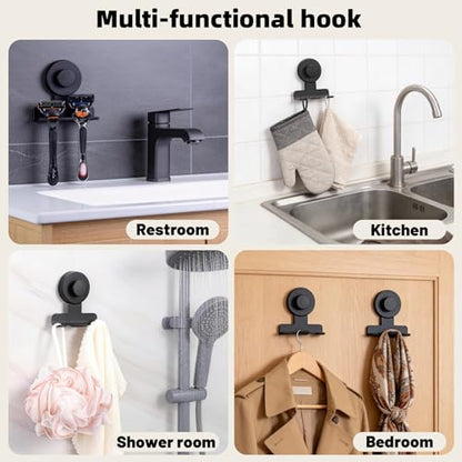 Razor Holder for Shower, Stainless Steel No-Drill Shaver Hook | Heavy-duty damage-free on tiles/glass; Holds razor/shaver, towel & loofah; Reusable, rust-resistant; 2Pcs Matte Black