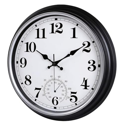 16 Inch Large Outdoor Clock Retro Waterproof Clock Non-Ticking, Black | Indoor/Outdoor Wall Clock with Thermometer, Battery Operated for Pool, Patio, Garden