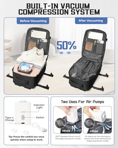 WONHOX Vacuum Seal Backpack for Travel with Air Pump Compression Vacpack Carry on Flight Approved Daypack Laptop Space Saver Bags Storage with Vacuum System 18x14x8 inches Travel Bag Women Men Black