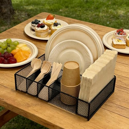 Paper Plate Organizer for Countertop - Metal Utensil Caddy Silverware Holder Cutlery Flatware Plastic Spoon Fork Plates Napkins Cup Storage Dispenser Party Picnic Essentials Camping Supplies
