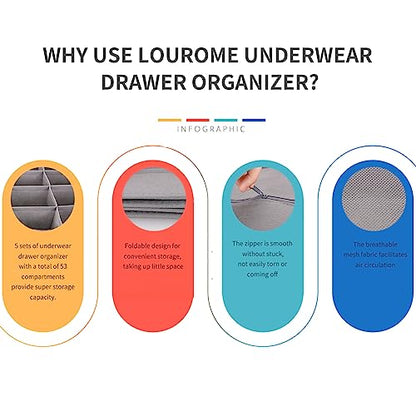Lourome Underwear Drawer Organizer, 5-Pack, for Socks, Bras, Tie, Grey | Fits Standard 13"+ Dressers, 55 Compartments, Storage Bins for Bedroom, Closet & Bathroom