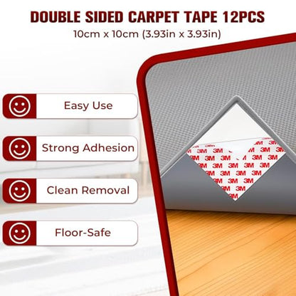 12PC Carpet Tape Double Sided, Heavy Duty Rug Tape for Hardwood Floors, Non-Slip Carpet Adhesive Tape for Area Rugs, Strong Grip