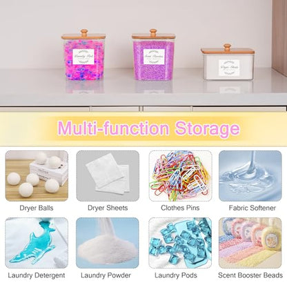 efluky 3 Pack Laundry Pods Container & Dryer Sheet Holder Set,Clear Laundry Room Organization Containers with Bamboo Lids and Labels,Laundry Pods Holder for Scent Booster,Powder,Pod