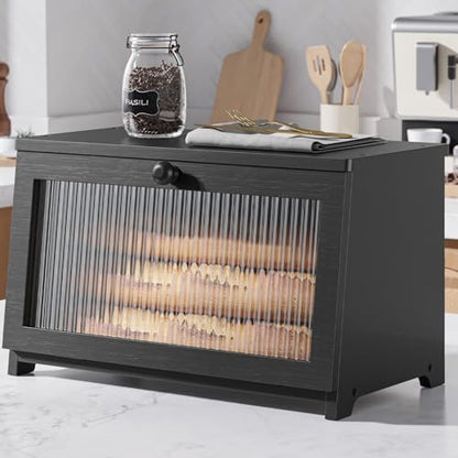 Kitsure Wooden Bread Box for Kitchen Countertop, 1-Tier, Black