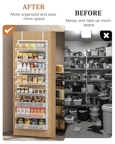 Over the Door Pantry Organizer 8-Tier, Large Metal Door Spice Rack with Adjustable Basket, 2 in 1 Wall Mount or Hanging Heavy-Duty Pantry Door Storage Shelf for Kitchen and Bathroom, White