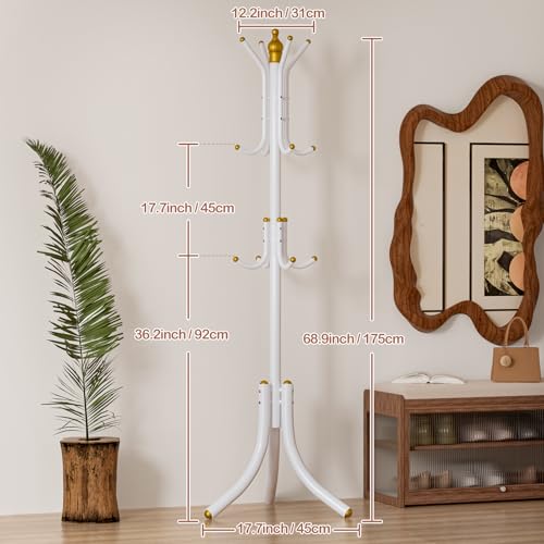 Free-Standing Coat Rack Metal Stand Hanger 12-Hooks Organizer | Hall Tree Entry-Way Furniture for Hanging Up Jacket, Hand-Bag, Cloth, Hat, Winter Scarf Holder for Home or Office Floor