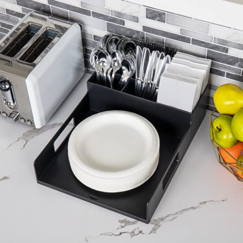 Mind Reader Utensil Napkin and Plate Organizer Tray, Countertop Caddy with 7 Compartments, Holds Plates up to 10.5 Inches, Breakroom and Buffet Organizer, Plastic, Black