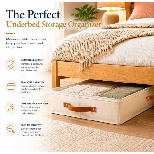 2pc Low Profile Under Bed Storage Containers, Thin Under Couch Storage Organizer with Bins & Lids, Underbed Storage Box Ideal for Seasonal Clothes, Blankets, Fabric & Shoes (Ivory)