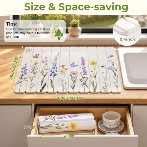 LOKHOM Stone Dish Drying Mat, 15.3"x23.6" Diatomaceous Earth Mat Floral | Watercolor Wildflower, Foldable, Absorbent, Non-Slip, Heat Resistant, For Kitchen Counter Bath Dishes Cups