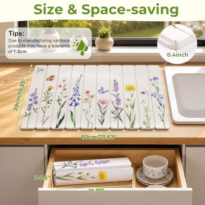 LOKHOM Stone Dish Drying Mat, 15.3"x23.6" Diatomaceous Earth Mat Floral | Watercolor Wildflower, Foldable, Absorbent, Non-Slip, Heat Resistant, For Kitchen Counter Bath Dishes Cups