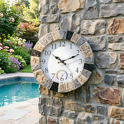 Outdoor Clock Waterproof with Thermometer, 13 Inch Silent Rustic Resin Wall Clock Weatherproof Decor for Patio Pool Garden Porch, Faux-Stone Brown