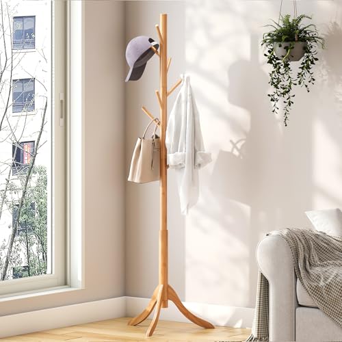 kiplant Coat Rack Freestanding, Bamboo Wood Coat Stand with 8 Hooks,3 Adjustable Size,Easy Assembly NO Tools Required, Coat Tree Hanger Stand for CoatsScarves in Hallway