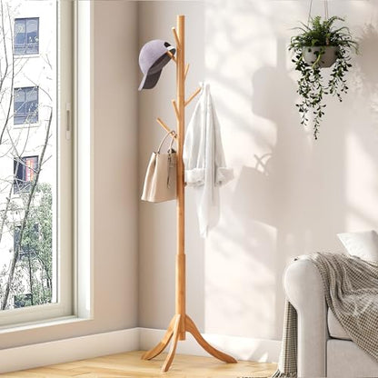 kiplant Coat Rack Freestanding, Bamboo Wood Coat Stand with 8 Hooks,3 Adjustable Size,Easy Assembly NO Tools Required, Coat Tree Hanger Stand for CoatsScarves in Hallway