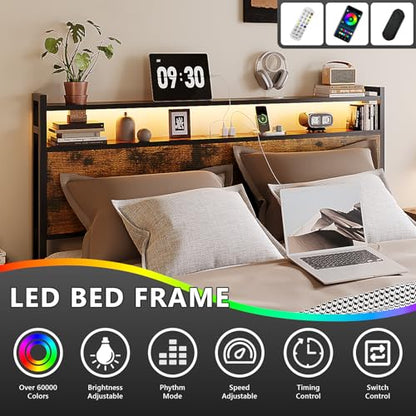 VINGLI Queen Bed Frame with 4 Storage Drawers and Headboard, Metal Platform Panel Bed with Charging Station and RGB LED Lights, No Box Spring Needed, Noise Free, Easy Assembly,Rustic Brown