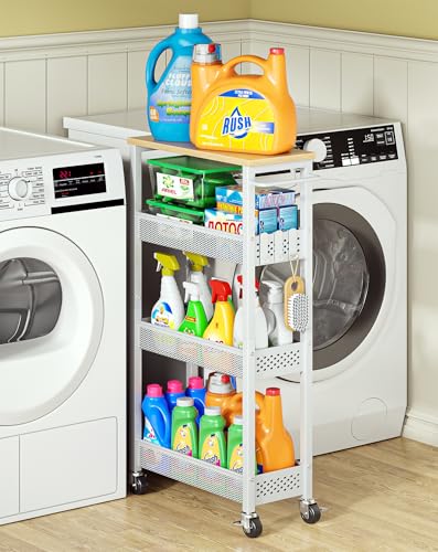 Slim Laundry Room Organization Cart with Upgraded Metal Hub Casters | Fits between washer & dryer, 4-Tier space-saving narrow rolling cart, Premium wood top & metal mesh shelf, with handle & hook