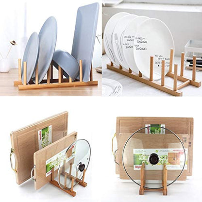 Bamboo Wooden Plate Racks Dish display Holder Kitchen Storage, Pack of 4 | Cabinet Organizer for Dish / Plate / Bowl / Cup / Pot Lid / Cutting Board/ Book (vertical)