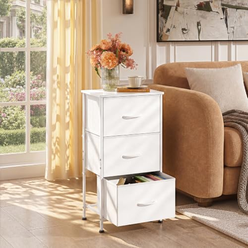 WLIVE Small Dresser Nightstand for Bedroom, 3 Drawers, White | 3 roomy fabric drawers, Compact nightstand, Bedroom or closet use, Chest of drawers, Dresser for small spaces