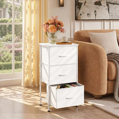 WLIVE Small Dresser Nightstand for Bedroom, 3 Drawers, White | 3 roomy fabric drawers, Compact nightstand, Bedroom or closet use, Chest of drawers, Dresser for small spaces