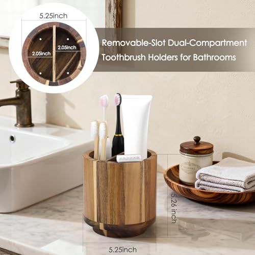 Toothbrush Holder for Bathrooms Toothpaste Organizer, Acacia Wood | Four Drainage Holes,Removable Divider,360° Rotating Base,Space-Saving,Farmhouse Style,for Bathroom Countertop,Shower,Vanity