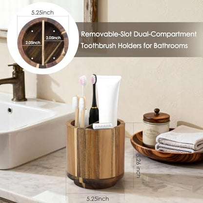 Toothbrush Holder for Bathrooms Toothpaste Organizer, Acacia Wood | Four Drainage Holes,Removable Divider,360° Rotating Base,Space-Saving,Farmhouse Style,for Bathroom Countertop,Shower,Vanity