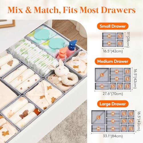 Lifewit Nursery Drawer Organizer for Clothes 12 Pack | Certified Child-safe Dresser Divider Storage Bins, Foldable Clothing Basket for Baby Clothes/Underwear/Sock/Diaper in Closet