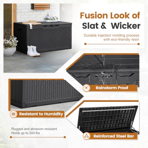 Greesum 100 Gallon Resin Patio Storage Box for Garden Tools, Black | Outdoor Furniture Cushions, Pool Supplies
