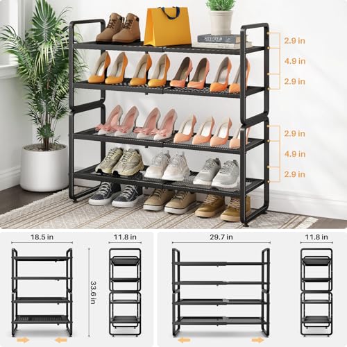 Expandable Metal Shoe Rack for Closet, Entryway & Garage, 4-Tier, Black | Adjustable Height for Boots, Stackable Design, Dense Mesh Shelves for Heels, Fits Small Spaces, Apartments and Rentals