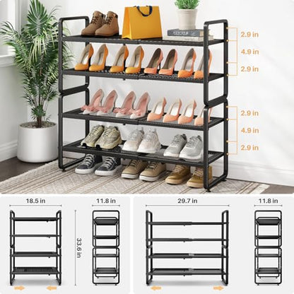 Expandable Metal Shoe Rack for Closet, Entryway & Garage, 4-Tier, Black | Adjustable Height for Boots, Stackable Design, Dense Mesh Shelves for Heels, Fits Small Spaces, Apartments and Rentals