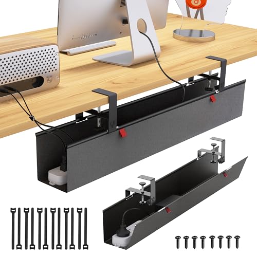 Under Desk Cable Management Tray - Under Desk Cord Management - Clamp/Screw Mount - Fabric Wire Management - Cable Raceways Tray Cord Hiders for Office/Home (Black, 35.8"×5.6")