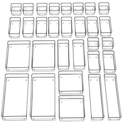 SMARTAKE 30-Piece Drawer Organizer with Non-Slip Silicone Pads, 7-Size | Desk Drawer Organizer Trays Storage Tray for Makeup, Jewelries, Utensils in Bedroom Dresser, Office and Kitchen (Clear)