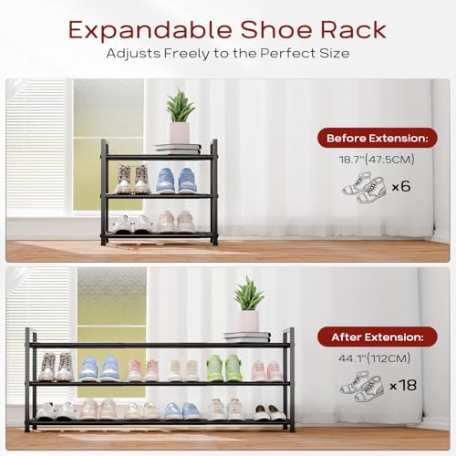 Bumusty 3 Tier Long Expandable Shoe Rack for Closet, Black | 18"-44" Adjustable Shoe Rack for Entryway, Shoe Organizer for Dorm, Front Door, Sturdy Metal