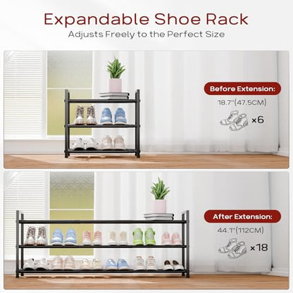 Bumusty 3 Tier Long Expandable Shoe Rack for Closet, Black | 18"-44" Adjustable Shoe Rack for Entryway, Shoe Organizer for Dorm, Front Door, Sturdy Metal
