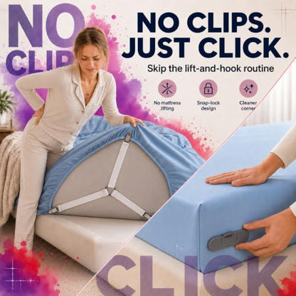 Bed Sheet Holders for Corners - Secure Fitted Sheet Holder with Lock Strips for Queen and King Size Bedsheets, Ideal for Dorms, No Metal Clips, Includes Corner