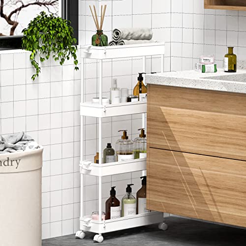 SPACEKEEPER Slim Rolling Storage Cart, 4 Tier Bathroom Cart Organizer,White | Narrow Rolling Cart with Wheels for Kitchen Office Bathroom Laundry Room,Mobile Utility Cart for Craft Art Makeup Nail Polish