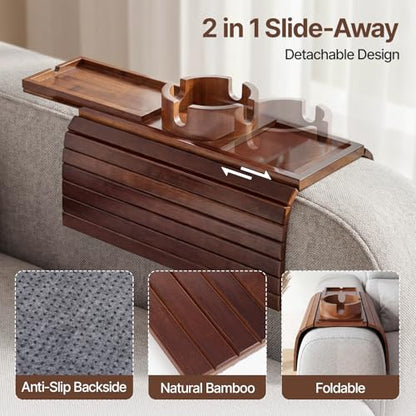 Bamboo Sofa Armrest Tray, Foldable Couch Arm Tray Side Table, 2 in 1 Anti-Falling Armrest Tables Cup Holder for Snacks, Drinks, Beers, Phone, Control, Flexible and Portable, Anti-Slip, (Brown)