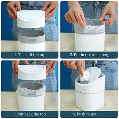 Mini Desk Trash Can with Swing Lid, 0.5gal, Includes 180 Bags, White | Compact 2L plastic bin with smooth edges and odor-covering swing lid, includes 180 fitted bags for desks and bedrooms
