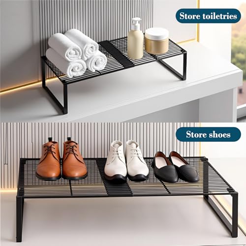 Extendable Metal Wire Shelf Organizer - Adjustable 15-24.4in Length, Stackable Storage Rack for Kitchen/Pantry/Bathroom/Shoe Cabinet/Tool Closet (1,Black)