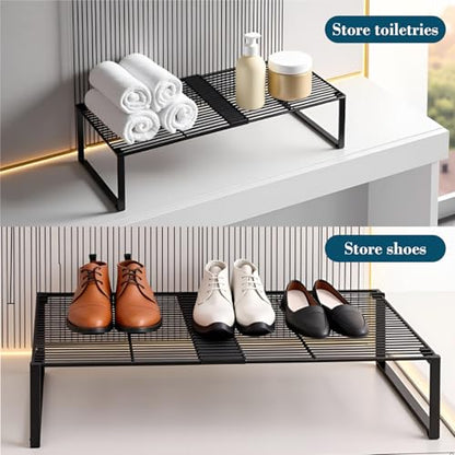 Extendable Metal Wire Shelf Organizer - Adjustable 15-24.4in Length, Stackable Storage Rack for Kitchen/Pantry/Bathroom/Shoe Cabinet/Tool Closet (1,Black)