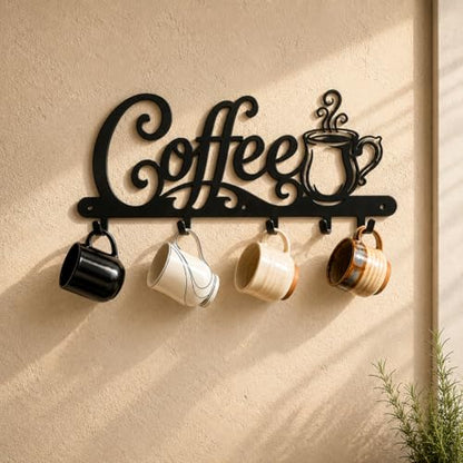 Coffee Mug Holder Wall Mount with 4 Hooks, 16.93 Inch Metal Coffee Bar Decor Sign, Heavy Duty Iron Cup Rack Hanger for Kitchen, Cafe and Home Organization, Matte Black（16.93"L x 6.69"H x 0.98"W)