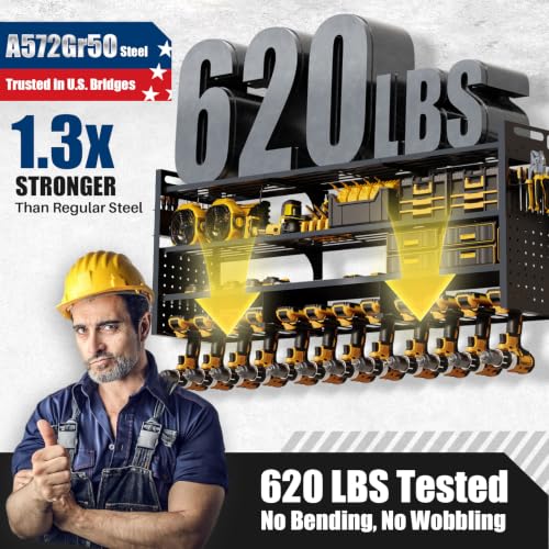Large 49''W Power Tool Organizer Wall Mount | 620lbs Garage Storage Rack with 12 Cordless Drill Holder | 4-Tier Heavy Duty Utility Shelf for Battery Workshop Organization