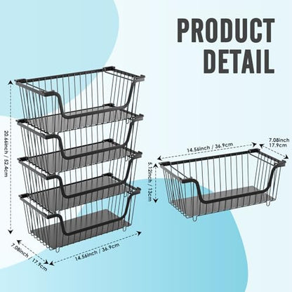 4 Pcs Stackable Wire Baskets Pantry Organizers and Storage Bins,Black | Breathable Metal Design with Rotating Handle,Ideal for Potato Onion Garlic Fruit Snack Veggie Kitchen Countertop Organization