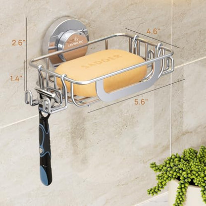 Bar Soap Holder with Hooks, Suction Cup Soap Dish Stainless Steel | Soap Holder Shower Wall Mounted, Soap and Razor Holder for Shower, Rustproof for Bathroom, Sponge Holder Saver, Silver