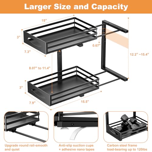 Under Sink Organizer, 2 Tier Under Sink Organizers and Storage, Adjustable Height, Slide out Metal Cabinet Organizers, Pull out Cabinet Storage Drawer Shelf for Kitchen Bathroom (Black, 2)