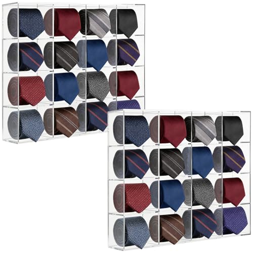 2 Pack Tie Box Organizer Wall Mounted Tie Rack Clear Acrylic with 16 Compartments, Tie Holder for Drawer Tie Organizer for Men Belt Scarf Necktie Storage for Closet and Home