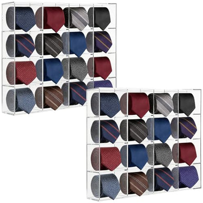 2 Pack Tie Box Organizer Wall Mounted Tie Rack Clear Acrylic with 16 Compartments, Tie Holder for Drawer Tie Organizer for Men Belt Scarf Necktie Storage for Closet and Home