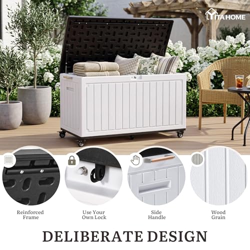 YITAHOME 90 Gallon Outdoor Storage Box with 6 Swivel Wheels & Dual Wooden | Large Double-Wall Resin Deck Box, Lockable Waterproof Patio Organizer for Furniture, Cushions, White & Black