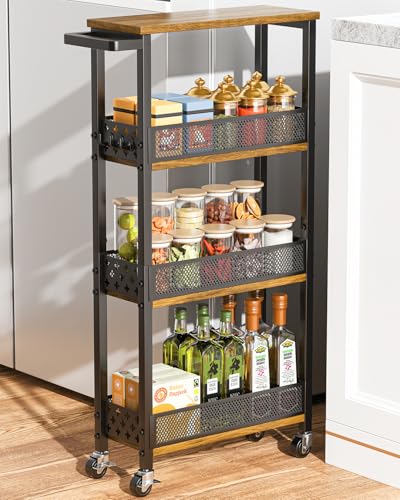 4-Tier Slim Rolling Storage Cart for Kitchen Bathr... (Brown/Net Bar | Metal)