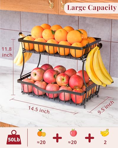 Large 2 Tier Fruit Basket for Kitchen Counter with 2 Banana Hangers, Black | Metal Fruit Bowl with Protection Mats for Vegetables, Snacks & Bread | 14.5" W x 9.5" D