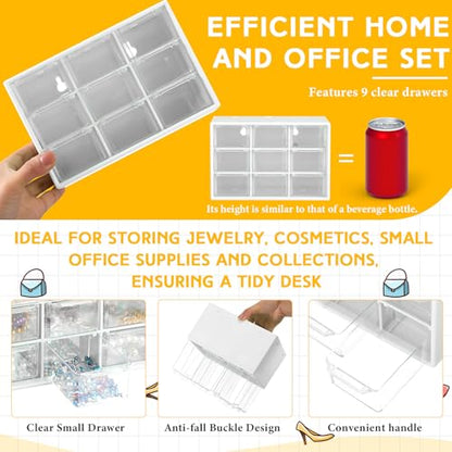 2 Pcs Mini Storage Drawers with 9 Clear Drawers,White